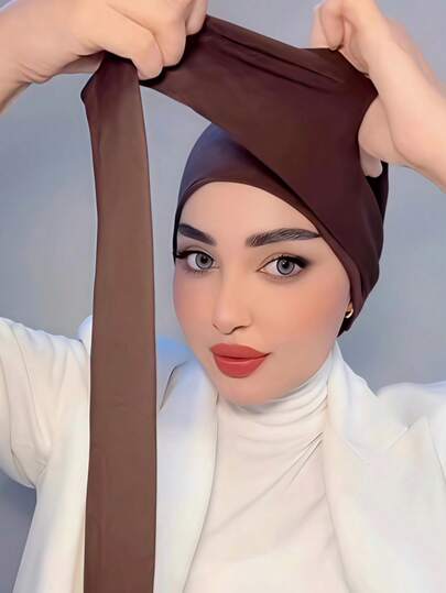 1pc Women's Classic Solid Color Elegant Instant Single-Layer Turban With Flowing Scarf, Fashion Elegant Long Flowing Scarf Hijab, Non-Slip Breathable Soft Modal Knitted Fabric Headscarf, Suitable For Daily Yoga, Sports, Outdoor Wear