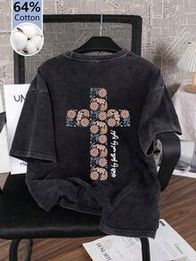 大码女式夏季印花水洗纯色休闲简约复古日常宽松圆领棉质短袖T恤上衣 - 黑色 - 查看 5
