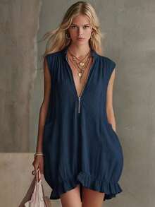 Sleeveless Mini Dress With Ruffles, Elegant And Modern For Summer - Medium Wash - View 3