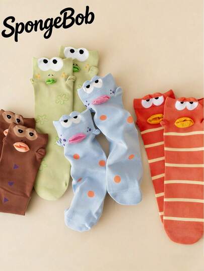 SpongeBob SquarePants 4 Pairs Cartoon Clownfish Pattern Women's Mid-Calf Socks, Comfortable Casual College Style