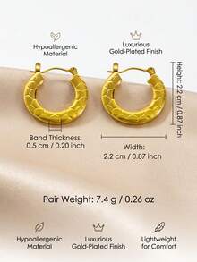 1 paire de boucles d'oreilles créoles épaisses en acier inoxydable plaqué or avec texture écaillée tressée pour femmes, résistantes à la tarnissure, plusieurs styles disponibles - Multicolore - Voir 3