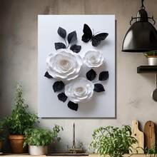 Cuadro plano 2D, 2D plano, 2D plano de 1 pieza sin marco, que muestra rosas de papel y hojas contra un fondo blanco con una mariposa de papel negra. Esta decoración del hogar con afirmaciones positivas sirve como decoración motivacional en un estilo retro. - Enmarcado - Ver 4