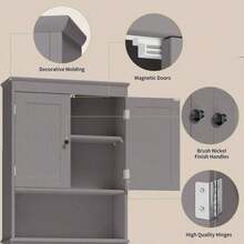 66" Above Toilet Storage Cabinet, Toilet Storage Rack, Bathroom Cabinet With Adjustable Shelves And Open Cabinet, Toilet Furniture, Freestanding Shelves For Bathroom Above Toilet, Space Saving Large Above Toilet Cabinet - Xám - Xem 4