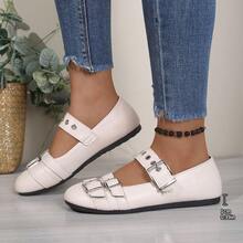Teens' British Style Double Buckle Shoes, Round Toe Mary Jane Shoes, Retro School Uniform Shoes, All Season - Beige - View 7