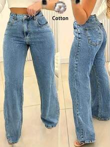 Quần jeans nữ dáng rộng, ống thẳng, kiểu dáng cơ bản, có túi. - Rửa trung bình - Xem 5