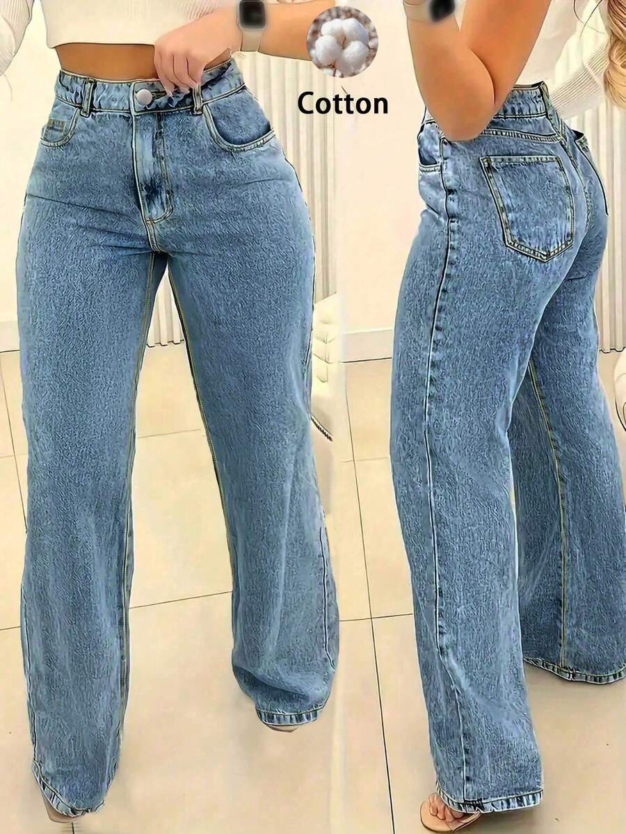 Women's Loose Casual Basic Straight Leg Denim Jeans With Pockets - Medium Wash - View 1