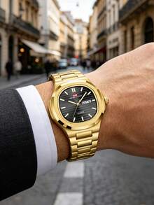 男士奢華運動品牌不鏽鋼 43.5mm 原裝雙日曆機芯商務石英腕錶 VA VA VOOM 情人節禮物 男士腕錶 銀黑運動風條紋夜光 3Bar 優雅男士腕錶 - 黑色 - 查看 9