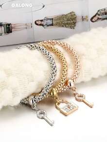 Conjunto de pulsera con dije de llave con rhinestones de moda, conjunto de pulsera elástica de cuentas de maíz de 3 colores de aleación, joyería de verano - Multicolor - Ver 3