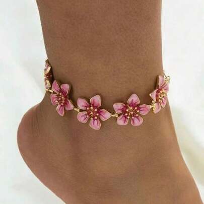 1pc Handmade Tie Dye Tie-Dye Pink 5-Petal Flower Anklet, Fashionable, Suitable For Vacation, Travel, Date, Daily Wear, Elegant Accessory