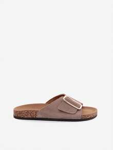 Elegant And Comfortable Women's Suede Slippers Made Of Natural Leather, On A Cork Sole, With A Gold Buckle And Contoured Insole, Ideal For Summer Black Beige Green - Khaki - View 8