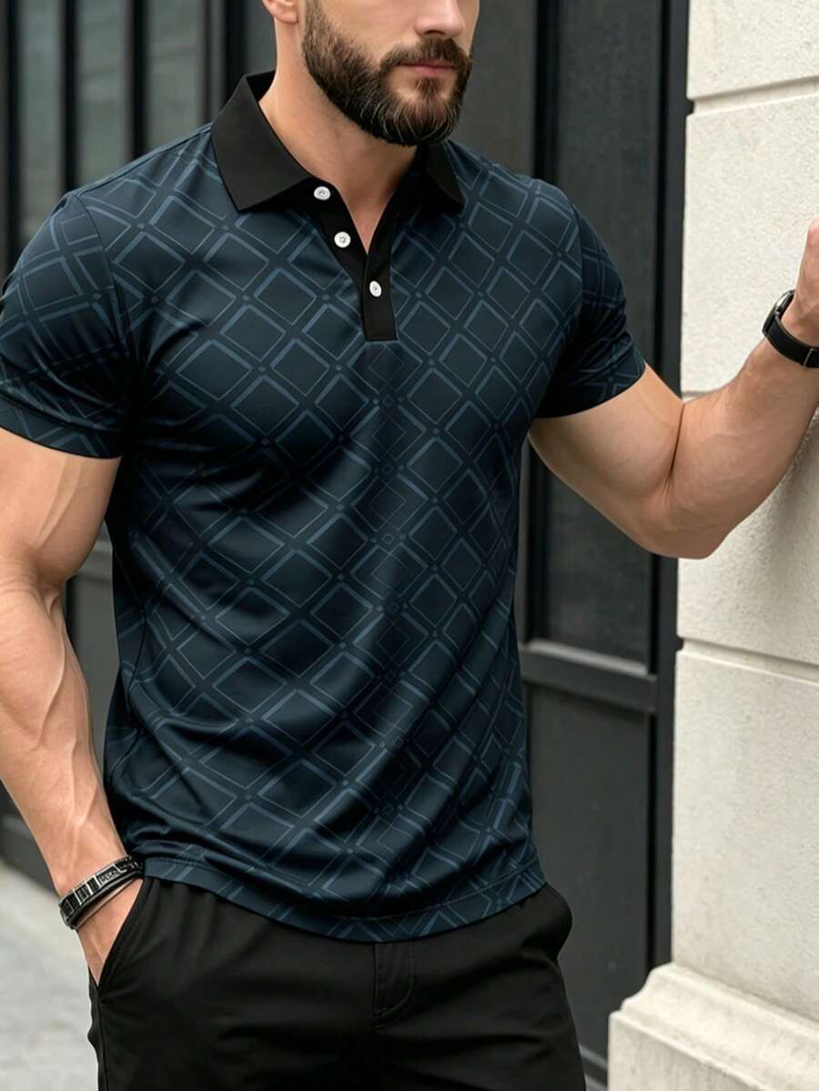 男士夏季 Polo 衫,休闲运动百搭不对称印花短袖 Polo 衫 - 彩色 - 查看 1