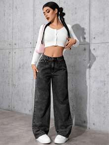Women's Stretch Waist Wide-Leg Jeans, High-Waisted Tummy-Revealing Straight-Leg Jeans, And Acid-Washed Jeans With Pockets - These Elegant Women's Outfits Are Not Only Comfortable To Wear, But Also Have A Loose Style, Making Them Perfect For Travel, Work Or Daily Office Occasions. - Xanh đậm - Xem 6