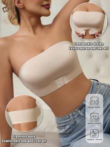 2pcs/Set Front Closure Solid Color Strapless Bandeau Bra With Upgraded Non-Slip Silicone Strips, Comfortable Soft Cup Wireless Bra, Lingerie For Women (Black+Apricot) - 彩色 - 查看 3