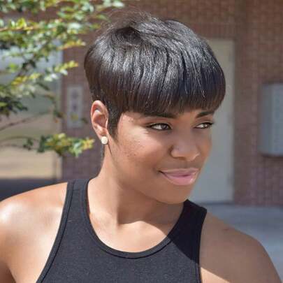 Tóc giả kiểu Pixie Cut cho nữ, tóc thật, có mái, 100% tóc thật, màu tự nhiên.