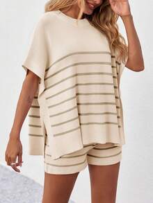 Women's Striped 2 Piece Outfits Oversized Batwing Short Sleeve Tops High Waisted Shorts Summer Knit Lounge Short Sets - Màu be - Xem 3