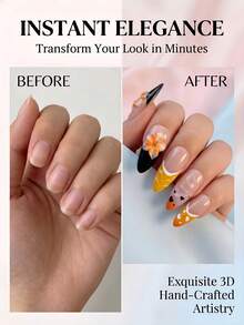 NAILS BASE 10件/組 粉色杏仁形長款法式漸層漸變甲油膠假指甲，附玫瑰紅花朵，杏仁形甲片，適合辦公場合的中性華麗風，日式手工 P - 彩色 - 查看 5