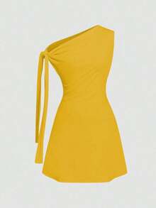 Vestido corto asimétrico elegante burdeos, diseño con lazos en hombro y pliegues en cintura, ideal para citas, fiestas y ocasiones de otoño e invierno - Amarillo - Ver 3