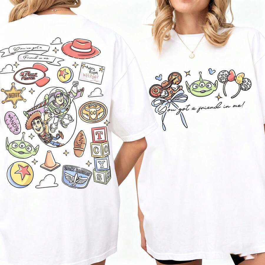 Loose Oversize Disney Toy Story Shirt, Woody Buzz Rex Hamm Tee, Pizza Planet Shirt, Disneyland Magic Kingdom Trip Tee - trắng - Xem 1