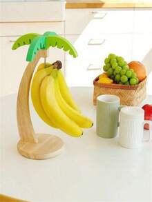 1pc Wooden Banana Holder Rack, Home Storage Organizer For Living Room, Fruit Display Shelf (With Artificial Leaves), Vertical Fruit Rack, Multi-Function Rack With Stainless Steel Hook, Banana Shaped Rack - Yellow - View 11