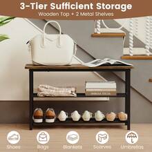 GOFLAME 3-Tier Shoe Rack With Bench, 80cm Freestanding Boot Organizer With Metal Slat Shelves & Wooden Seat, Rustic Shoe Storage For Entryway, Bedroom & Mudroom - Brown - View 3