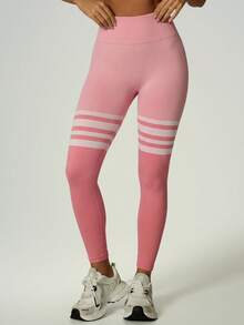 UONNOU Seamless Striped Sports Leggings, Butt Lifting Compression Workout Pants - Pink - View 6