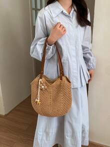 Sac en crochet ajouré ivoire/kaki, sangle en PU + décoration de perles en bois floral, sac à bandoulière décontracté pour les vacances à la plage & les trajets, sac sous le bras en maille fait main, sac fourre-tout de style bohème, sac de shopping d'été pour la plage - Multicolore - Voir 10