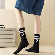 5/10 Pairs Women's Random Multi-Color Double Stripe, Heart Shaped, Soft & Comfortable Mid-Calf Socks, Fashionable For Sports, Daily Wear, And Dates - Multicolor - View 4