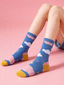 1 Pair Collegiate Style Cloud Pattern Socks, Suitable For Daily Wear - White - View 6