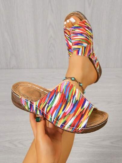 Women's Colorful Rainbow Print Platform Wedge Sandals, Comfortable Slip-On Thick Bottom Sandals For Casual, Vacation, Suitable For Street Style