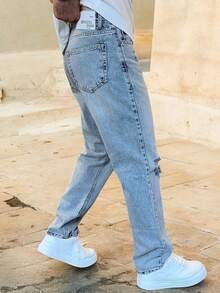 Men's Casual Everyday Wear Jeans With Pockets, Button Design And Distressed Details - Baby Blue - View 2