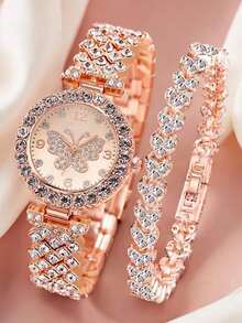 2pcs Set - 1 Rose Gold Quartz Ladies Watch With Steel Strap And Inlaid Diamond Butterfly Pattern, Paired With Matching Inlaid Heart-Shaped Diamond Bracelet. Radiates A Low-Key Luxurious And Sweet Elegant Vibe, Making It The Perfect Daily Or Graduation Gift For Your Best Friend, Girlfriend Or Mother. - Rose Gold - View 5
