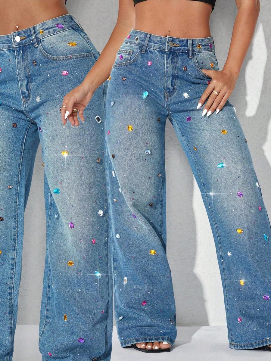 Pearl Decor Low Waist Wide Leg Casual Blue Jeans With Slant Pockets For Women Spring - Royal Blue - View 1