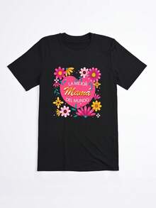 Camiseta Negra con Estampado de Corazón Floral y Texto La Mejor Mama del Mundo para Mujer - Negro - Ver 2