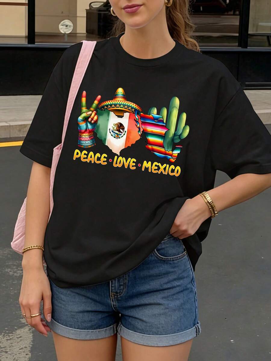 Camiseta negra con estampado de sombrero mexicano cactus y texto Peace Love Mexico para fiestas y viajes - Negro - Ver 1