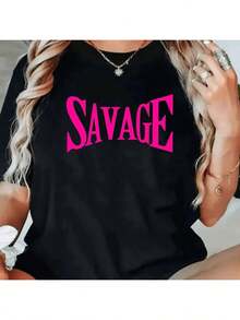 [Short Sleeve T-Shirt] Women's Black Printed T-Shirt - Large Pink "" Print, Casual Fit, Elegant Design With Exquisite Gold Jewelry Details, Perfect For Everyday Wear, Eye-Catching Style, Ideal For Layering Or Wearing Alone. - Unisex, Suitable For Casual Daily Outings, Short Sleeve Summer Top, Retro Y2K Print T-Shirt. - 黑色 - 查看 3