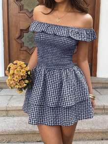 Vestido mini de línea A con volantes en el bajo, hombros descubiertos, cintura ajustada, estilo dulce y romántico para vacaciones en la playa, primavera/verano, a cuadros rojos - Azul - Ver 4