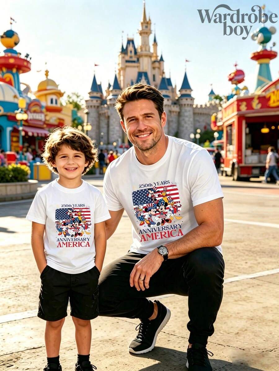 1 Disney-Licensed Cartoon Short-Sleeve T-Shirt With A Cartoon Mickey Mouse Design, 250th Anniversary Short-Sleeve T-Shirt, Suitable For Family Matching Outfits, Perfect For Family Trips And Vacations. This Is A New Short-Sleeve T-Shirt For 2026, An Ideal Choice For Father's Day, Suitable For Both Men And Women. Made Of High-Quality Pure Cotton, Comfortable And Breathable. Exquisitely Designed, It Is An Excellent Choice For Gifting. - 男人 - 查看 1