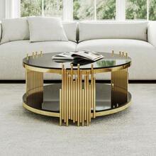Modern Black Glass Coffee Table, Luxury Living Room Tables With Double Glass Top, Round Coffee Table With Gold Steel Base, Sofa Table With Glass Round Top, Center Table For Living Room / Home / Office - Black - View 8