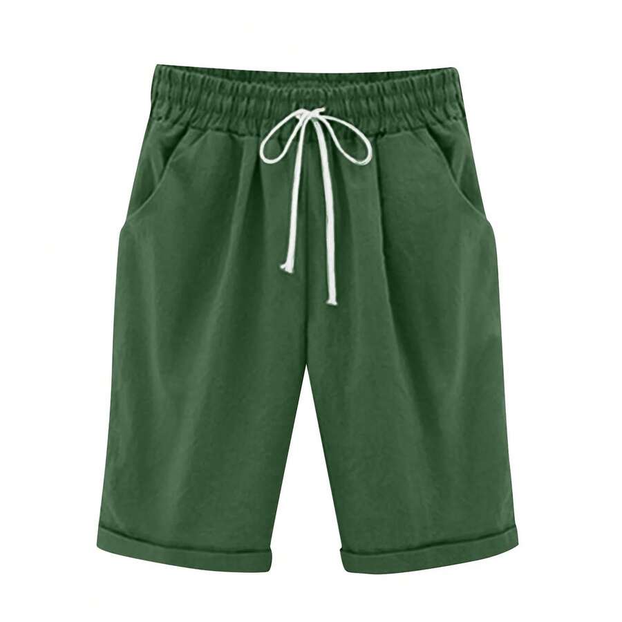 Pantalones sencillos transpirables de cintura media para verano, pantalones de cinco puntos informales y versátiles, finos, de Color sólido, para verano - Verde - Ver 1