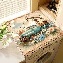 1pc Vintage Truck Pattern Printed Washing Machine Dust Cover Mat, Rubber Soft Bottom, Laundry Room Accessory, Washing Machine Top Protective Pad, Quick Absorbent And Dry, Refrigerator Dust Cover, Coffee Maker Countertop Absorbent Mat, Diatomite Draining Mat, Modern Laundry Room And Kitchen Appliance Washing Machine And Dryer Dust Cover, Home Decor, Kitchen And Dining Room Decor - Multicolor - View 7