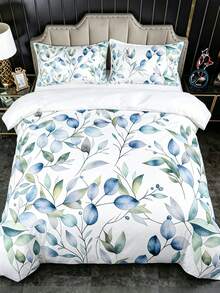 3Pcs Watercolor Eucalyptus Leaves Blue & Green Leaf Print Duvet Cover ,Pillow Cover Pattern Is Random ,Duvet Cover Set (1 Duvet Cover + 2 Pillowcase Without Pillow Insert), Bedding Set, Soft Warm And Cozy Bedding Set For Bedroom, Guest Room, Dormitory Decoration Set Rose Plant Print Soft Skin-Friendly Luxury Bedding - Multicolor - View 2