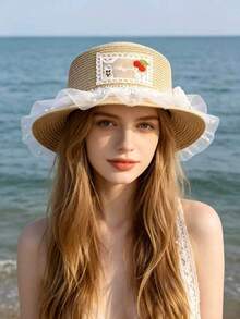 1 chiếc mũ rơm kiểu Lolita ngọt ngào với họa tiết quả anh đào, viền ren ngọc trai giả, thoáng khí, thích hợp cho mùa hè đi biển. - Nhiều màu - Xem 2