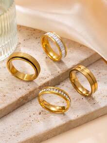 4pcs Classic Luxury Gold Stainless Steel Ring Set, Square/Round Diamond / Matte Rotating Design, Women Stackable Promise Rings, Suitable For Wedding Season & Anniversary - Gold - View 6