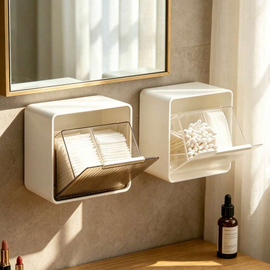 Bộ 2 hộp đựng đồ dùng nhà tắm treo tường, hai ngăn, dùng để đựng tăm bông, miếng bọt biển, bông tẩy trang.
