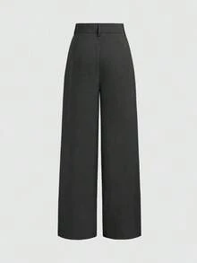 Mono de diseño minimalista Vela Rue con cierre de gancho y cremallera, pantalones anchos de color azul marino sólido semitransparente y ligeros, pantalones anchos de moda para todas las estaciones - Negro - Ver 2