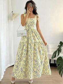 French Elegant Ruched Waist Floral Print Flared Dress, Sleeveless Flowy Dress, Light Blue Floral Summer Dress - Màu vàng - Xem 1
