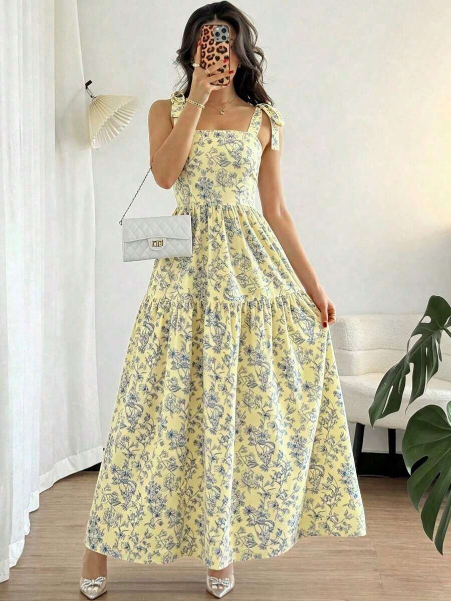 French Elegant Ruched Waist Floral Print Flared Dress, Sleeveless Flowy Dress, Light Blue Floral Summer Dress - Màu vàng - Xem 1