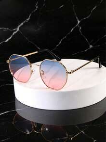 1 Pair Men's Metal Frame Geometric Edged Personalized Sunglasses, Suitable For Outdoor, Travel, Commute, Sun Protection - Blue Powder - View 2