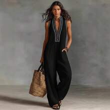 Brick Lane Co. 2026 European And American Women's Simple Linen Blend Sleeveless Jumpsuit With Zipper And Stand-Up Collar - 黑色-現貨 - 查看 2