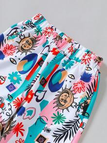 2 piese/set ținută de vară pentru fete, maiou de culoare uni asortat cu pantaloni drepți cu imprimeu, stil fashion street tineresc - Verde - Vizualizare 5